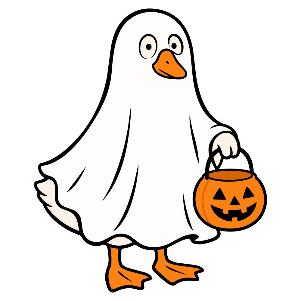 ghost, halloween, jack-o-lantern, pumpkin, trick or treat, candy bucket, white, orange, black, autumn, fall, holiday, spooky, cute, whimsical, bird, fowl, costume, children's, kid-friendly, festive, seasonal, october, monster, ghost costume, pumpkin face, jack-o'-lantern bucket, orange feet, trick-or-treat bag