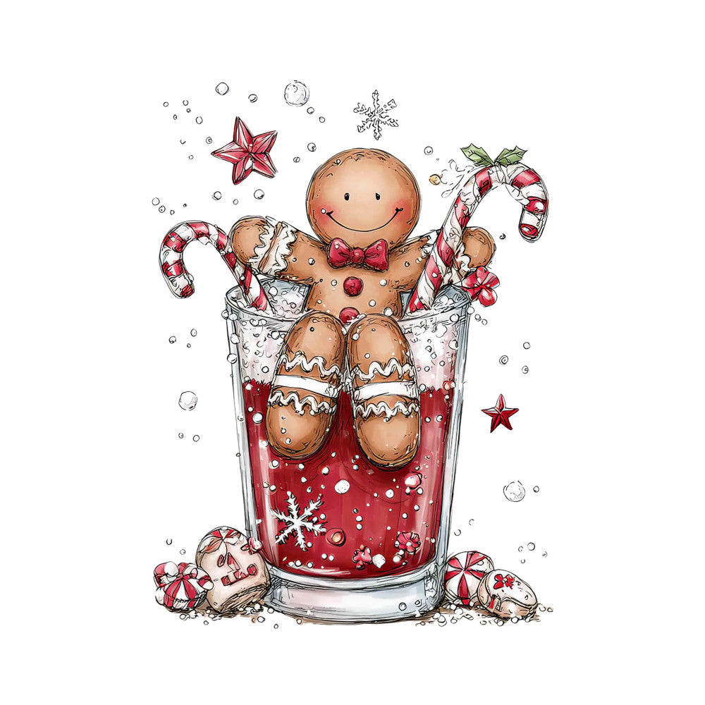 red, white, brown, gingerbread man, cocktail glass, candy canes, snowflakes, stars, christmas, whimsical, fabric panel, quilting cotton, holiday theme, festive illustration, cartoon style, cheerful, bubbles, peppermint candies, seasonal motifs, winter design