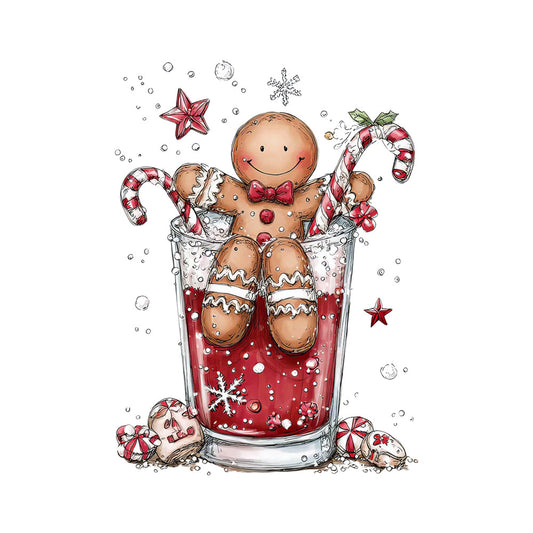 red, white, brown, gingerbread man, cocktail glass, candy canes, snowflakes, stars, christmas, whimsical, fabric panel, quilting cotton, holiday theme, festive illustration, cartoon style, cheerful, bubbles, peppermint candies, seasonal motifs, winter design