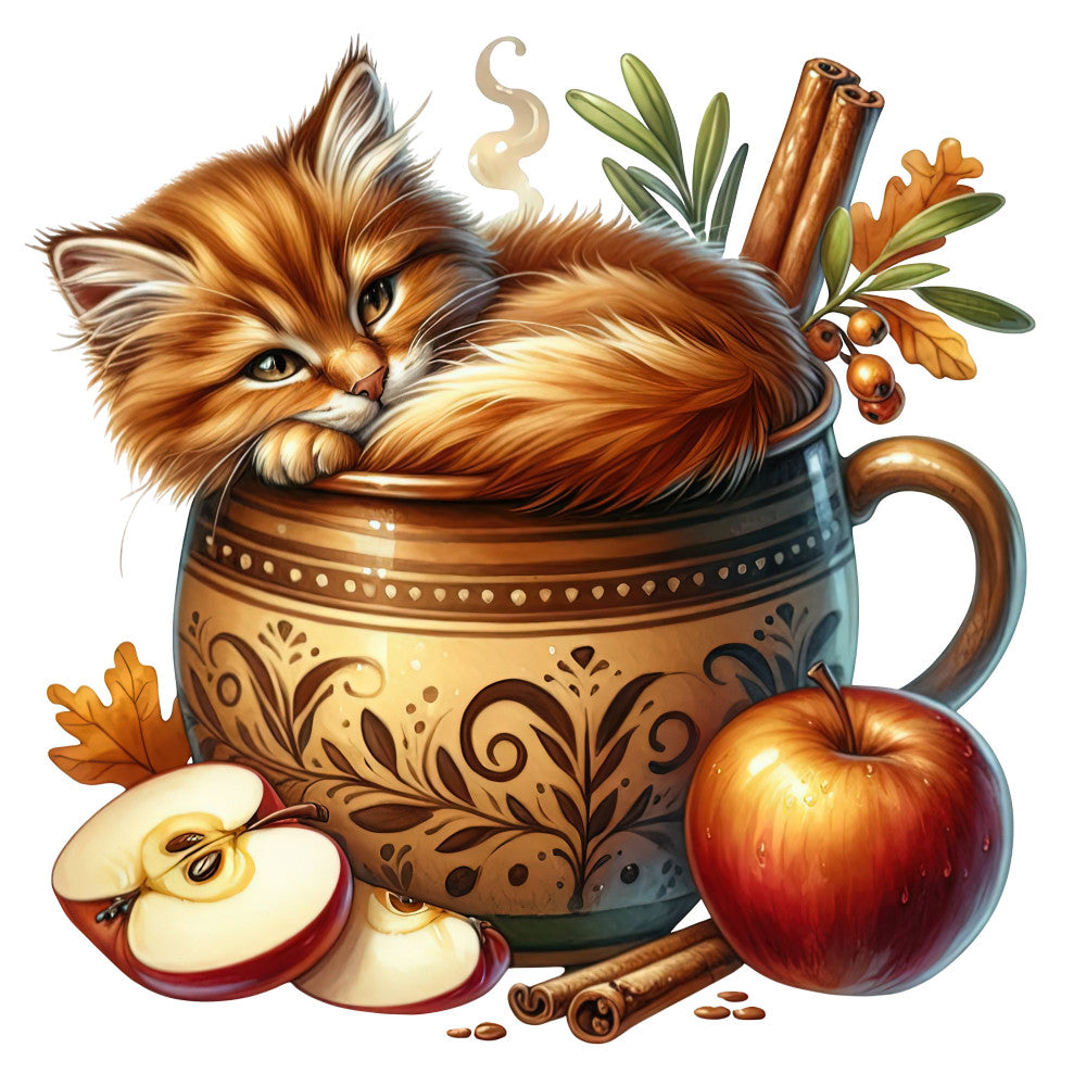 fluffy cat, orange tabby, autumn, fall, warm brown, cream, burnt orange, rust, cinnamon, decorative pot, ornate vessel, apples, cinnamon sticks, berries, leaves, whimsical, folk art, farmhouse, rustic, traditional, botanical, harvest, thanksgiving, cozy, cottage core, animal lover, cute cat, spice themed, woodland, nature inspired