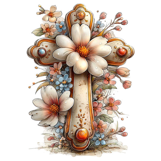 floral cross, cream petals, coral flowers, blue blossoms, ornate metalwork, religious symbol, watercolor style, vintage artwork, fabric panel, quilting cotton, botanical design, decorative cross, soft pastels, orange accents, faith themed, spring flowers, rustic elements, inspirational motif, cotton panel, crafting fabric