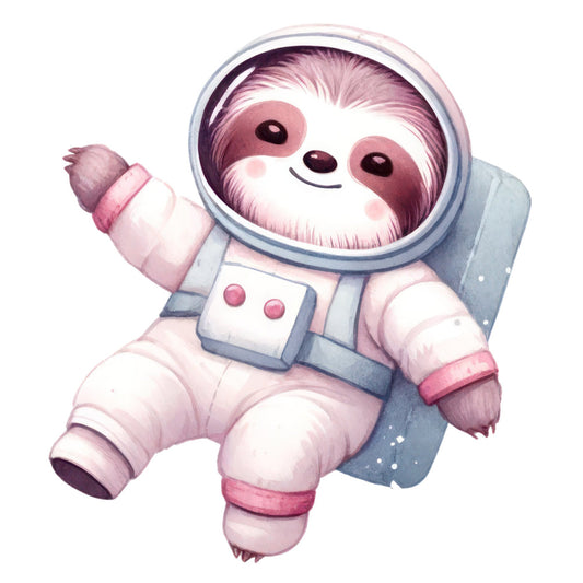 dusty rose, mauve, pale pink, soft pink, lavender, white, grey, sloth, astronaut, space, celestial, cute animals, whimsical, playful, modern, children's, baby, nursery, adorable, smiling sloth, space suit, helmet, animal character, kawaii style, pastel colors, gentle, sweet, baby quilt, wall hanging, children's room decor