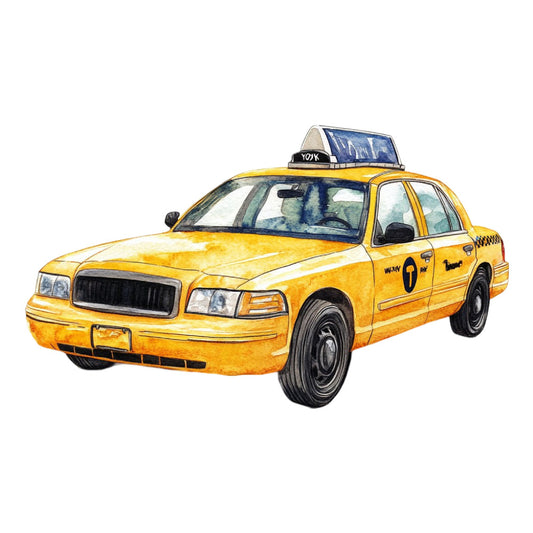 bright yellow, black, taxi cab, urban, vintage transportation, retro, new york, city, whimsical, novelty, vehicle, cars, street scene, transportation theme, checked pattern, geometric, modern, contemporary, children's, kids, playful, illustration style, classic, nostalgic, americana, wall hanging, home decor