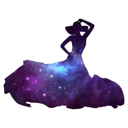 deep purple, royal blue, cyan blue, magenta, cosmic, galaxy, celestial, starry, silhouette, woman, female figure, elegant, ethereal, dreamy, mystical, magical, sparkle, glitter, night sky, abstract, modern, bohemian, whimsical, fantasy, spiritual, meditation, zen, artistic, contemporary, flowing