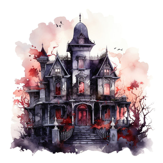 haunted house, gothic, dark purple, dusty rose, coral pink, watercolor, spooky, halloween, victorian, mansion, castle, eerie, atmospheric, birds, bare trees, moody, elegant, whimsical, dark academia, horror, autumn, fantasy, architectural, stained glass windows, dramatic, abstract splatter, vintage gothic, celestial, creepy, mystical