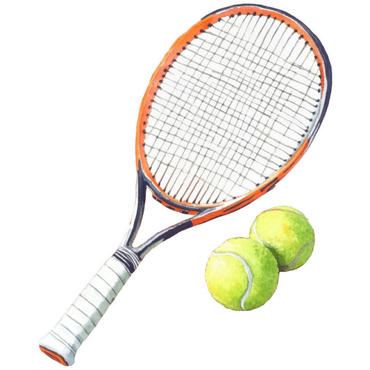 tennis racket, sports, athletic, orange frame, navy blue, white grip, lime green, yellow green, tennis balls, sports equipment, recreational, active lifestyle, game themed, sporty, modern, casual, summer, outdoor activity, leisure, hobby themed, illustration style, realistic, detailed, athletic gear, competition, court sports, bright colors, vibrant