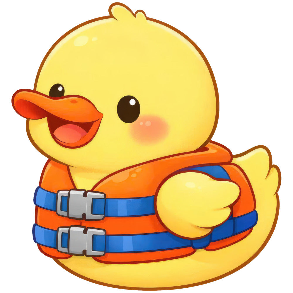 yellow duck, orange beak, blue stripes, orange stripes, cute animals, whimsical, children's, baby, playful, cheerful, bright yellow, vibrant orange, primary colors, animal characters, cartoon style, kids fabric, nursery, swimming theme, life vest, belt buckles, happy expression, fun prints, summer, casual style, adventurous, friendly animals, decorative panel, apparel fabric, children's clothing