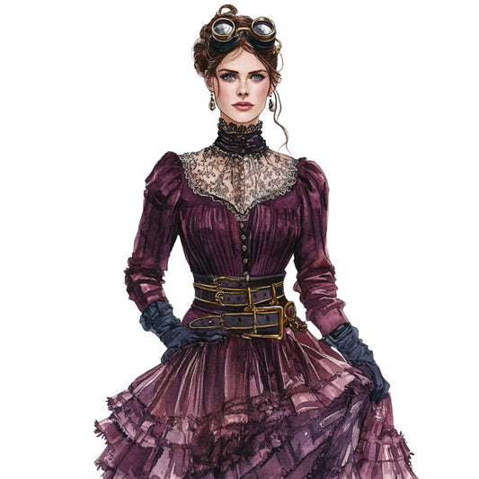 steampunk, victorian, burgundy, plum purple, deep wine, black, gold accents, lace, ornate, goggles, airship, industrial, vintage, elegant, gothic, brass, leather, gears, retro-futuristic, costume, fantasy, corset, adventurer, rebellion, alternative fashion, dramatic, moody, rich jewel tones, period clothing