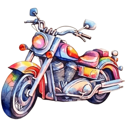 motorcycle, rainbow colors, watercolor style, chrome engine, vintage bike, cruiser motorcycle, fabric panel, quilting cotton, colorful illustration, handlebars, headlight, exhaust pipes, red seat, orange accents, blue tones, purple hues, transportation theme, retro styling, artistic rendering, pastel gradients