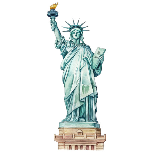 statue of liberty, patriotic, american, landmark, iconic, copper green, torch, crown, liberty torch, historical, monument, usa, independence day, fourth of july, national symbol, vintage americana, traditional, elegant, detailed illustration, architectural, red brick base, teal green, cream, beige, civics, educational, classic american, heritage, freedom, justice