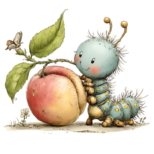 cute creature, whimsical, spring, nature, animals, insects, butterfly, apple, leaf, pale blue, soft blue, sage green, coral pink, rosy pink, cream, brown, children's, storybook, adorable, woodland, garden, playful, illustration, character, caterpillar, sweet, gentle, pastel colors, baby, nursery