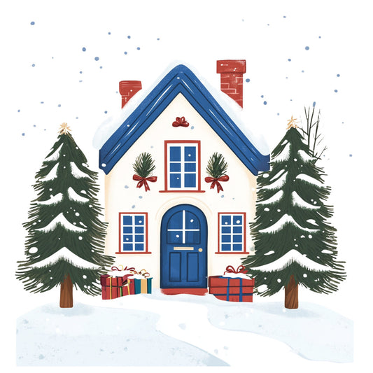 christmas, holiday, winter, snow, snowy, gingerbread house, festive, navy blue, cream, red, forest green, gold, cozy, cottage core, whimsical, traditional, vintage, seasonal, evergreen trees, pine trees, wrapped gifts, presents, bows, ribbons, blue door, arched door, multi-pane windows, chimney, snow-covered, magical