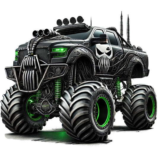 monster truck, black and green, neon green, skull design, gothic, edgy, bold, mechanical, industrial, heavy metal, dark theme, automotive, vehicle, action, aggressive, modern, dramatic, high-octane, off-road, extreme, rebellious, grunge, contemporary, masculine, metallic accents, graphic design, detailed illustration
