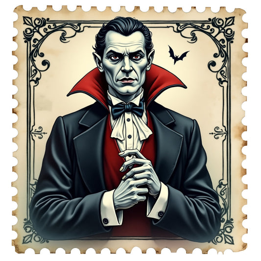 Halloween Postage Stamps Fabric Panel 8 featuring a classic vampire portrait with a bat and ornate border design in vintage style.
