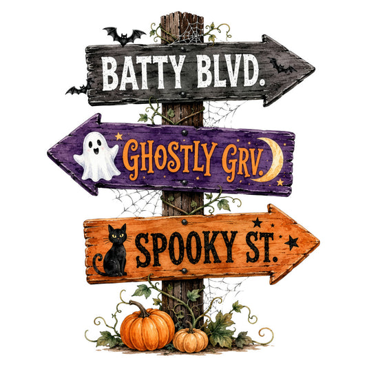 halloween, spooky, ghosts, bats, black cats, pumpkins, autumn, fall, orange, purple, black, white, whimsical, rustic, vintage, street signs, directional signs, bat motif, ghost motif, black cat motif, pumpkin motif, stars, moon, cobwebs, holiday themed, october, seasonal, wall hanging, home decor, trick or treat