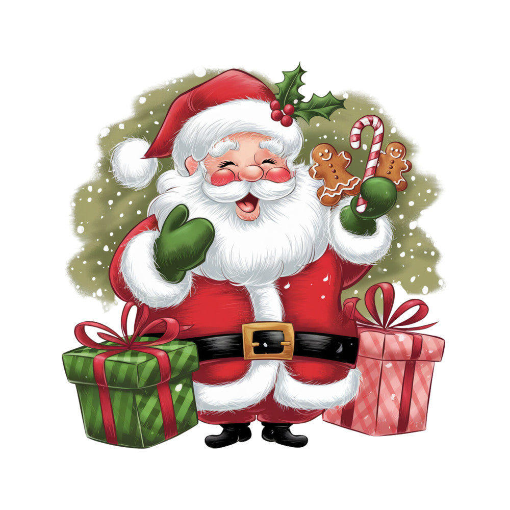 santa claus, christmas fabric, red suit, white beard, green mittens, gift boxes, candy cane, gingerbread cookies, holly berries, snowing background, cheerful santa, holiday panel, festive design, christmas treats, wrapped presents, jolly expression, winter theme, fabric panel, quilting cotton, seasonal motif