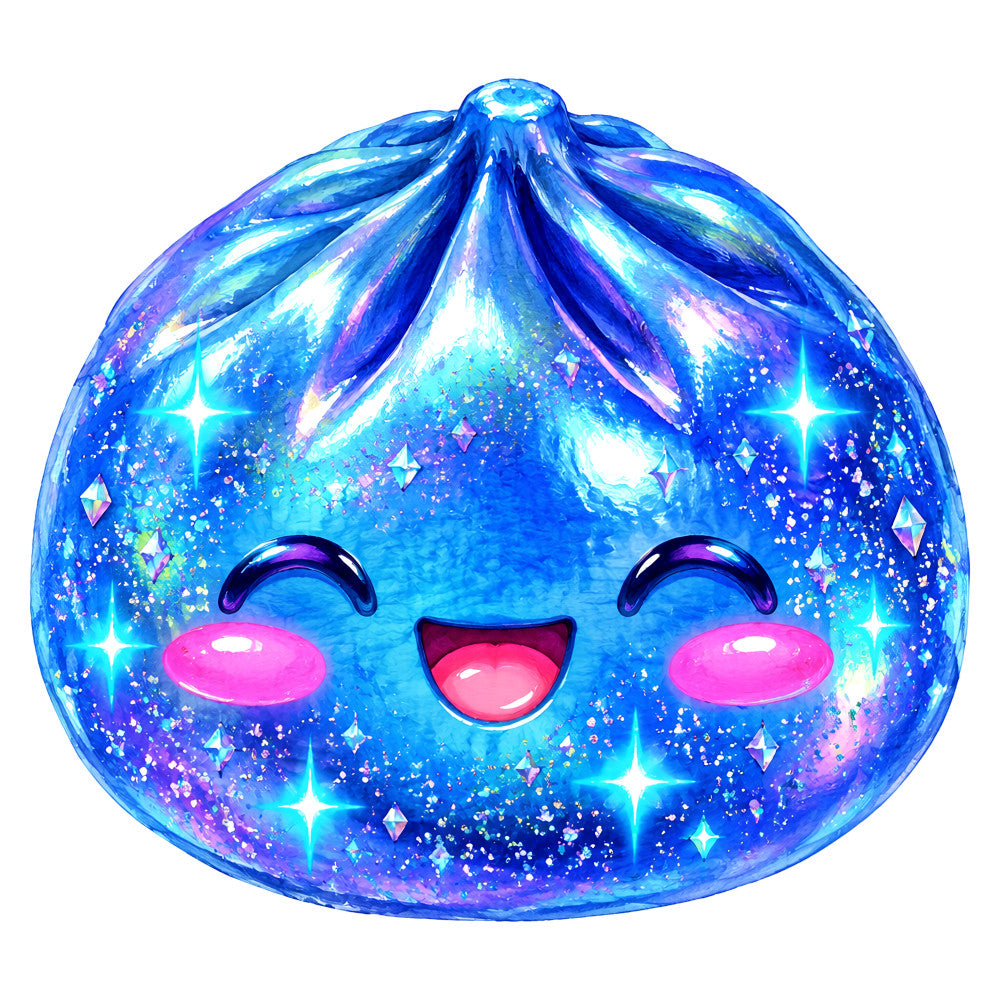 bright blue, cyan, turquoise, purple, magenta, pink, sparkly, glitter, stars, celestial, whimsical, cute, kawaii, character, smiling face, happy, playful, modern, fantasy, magical, iridescent, shiny, metallic, children's, kids, novelty, quirky, fun, colorful, gemstones