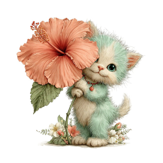 cute cat, fluffy kitten, mint green, cream, coral pink, peach, soft pastel, floral, hibiscus, botanical, animal, whimsical, sweet, adorable, children's, baby, springtime, spring, nature, garden, flowers, charming, delicate, illustrated, artistic, decorative, nursery, wall hanging, pet themed