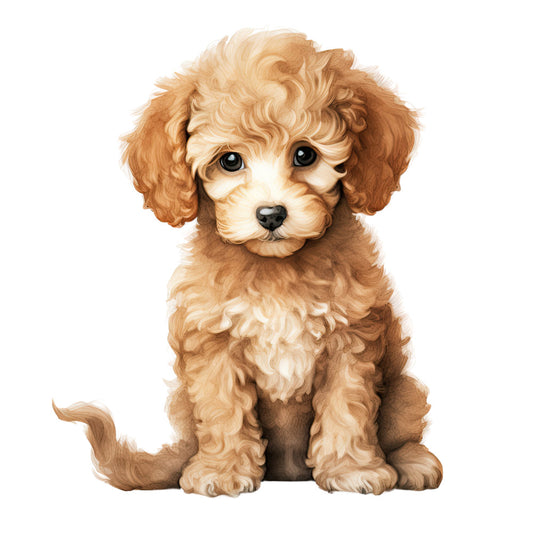 Watercolor Dogs Fabric Panel 14 featuring a detailed watercolor illustration of a cute curly-haired puppy on premium quilting cotton.