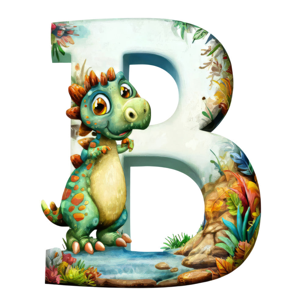 dinosaur, alphabet letter b, green dinosaur, orange spikes, yellow belly, tropical plants, jungle scene, watercolor style, children's fabric, cartoon character, fabric panel, quilting cotton, prehistoric theme, cute dinosaur, nature elements, bright colors, kids decor, educational fabric, letter learning, playful design
