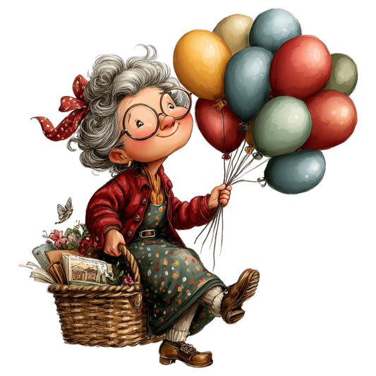 whimsical, vintage, grandmother, hot air balloon, balloons, red, cream, sage green, teal blue, gold, rustic, charming, storybook, illustrated, children's, fairy tale, adventure, travel, retro, nostalgic, cottage core, farmhouse, buttons, flowers, butterflies, basket, portrait panel, character fabric, timeless, warm colors