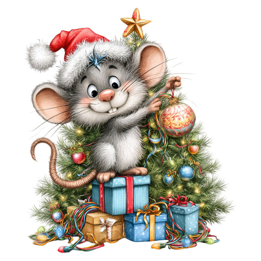 christmas mouse, festive animal, holiday whimsical, santa hat, gift boxes, christmas tree, ornaments, gold star, red and white, forest green, sky blue, coral pink, cream white, tan brown, animal character, cute mouse, wrapped presents, ribbons, baubles, seasonal decoration, christmas panel, holiday themed, children's fabric, playful design, traditional christmas, decorative motifs, gift wrapping inspired, festive season, winter holiday, family friendly