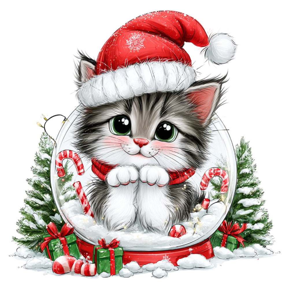 christmas cat, santa hat, holiday kitten, festive cat, red and white, forest green, candy cane, whimsical, cute animals, winter holiday, christmas theme, snow, wrapped presents, green garland, red bow, striped candy canes, sparkly, cheerful, playful, seasonal decoration, cat lover, christmas panel, holiday fabric, festive kitten, peppermint stripes, gift boxes, evergreen branches, snow scene, jolly, decorative cat