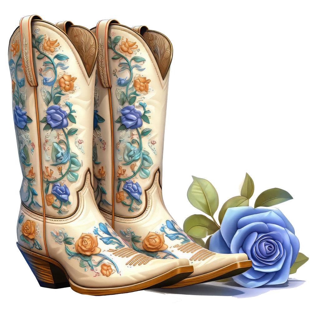 cowboy boots, western, floral, roses, blue roses, orange roses, cream, ivory, blue, orange, green, botanical, vintage, traditional, elegant, rustic, country, decorative, ornamental, cottage core, farmhouse, boot embroidery, scrollwork, nature, botanical illustration, southwestern, folk art, classic design