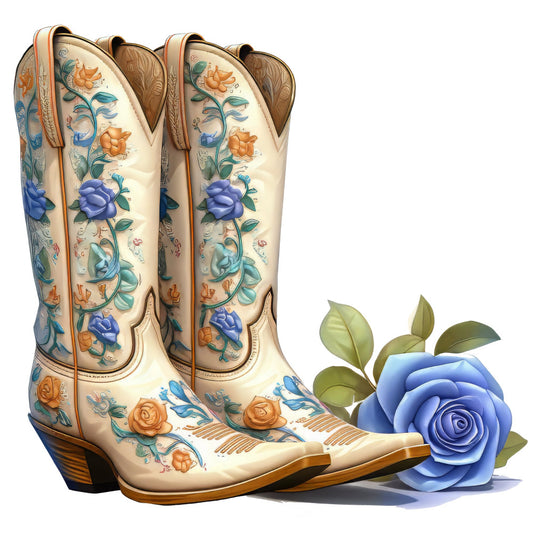 cowboy boots, western, floral, roses, blue roses, orange roses, cream, ivory, blue, orange, green, botanical, vintage, traditional, elegant, rustic, country, decorative, ornamental, cottage core, farmhouse, boot embroidery, scrollwork, nature, botanical illustration, southwestern, folk art, classic design