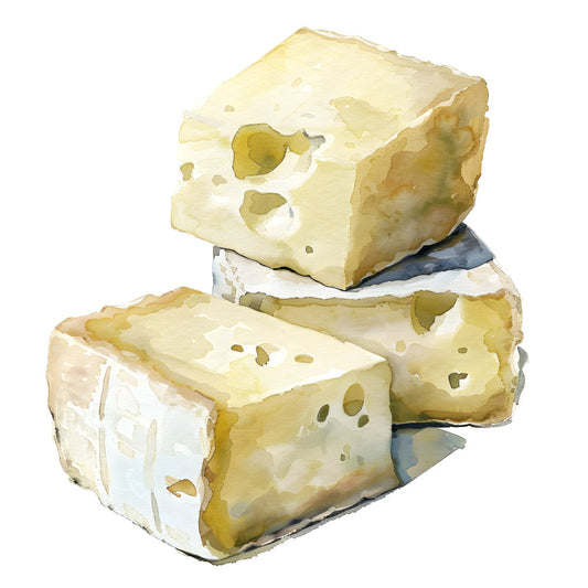 cheese, food, gourmet, swiss cheese, emmental, holes, cream, ivory, pale yellow, butter yellow, golden yellow, tan, beige, food art, culinary, farmhouse, rustic, kitchen, food illustration, watercolor, realistic, country, homemade, artisan, dairy, food themed, kitchen decor, novelty, whimsical