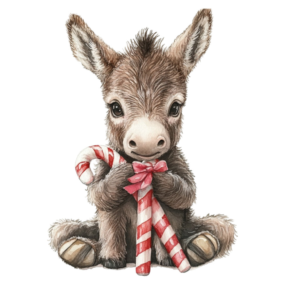 donkey, christmas, holiday, candy cane, red and white, cream, tan, beige, brown, cute animals, whimsical, festive, baby, nursery, children's, adorable, winter, seasonal, decorative, farmhouse, sweet, innocent, soft, gentle, endearing, christmas decoration, holiday cheer, striped candy, bow, rustic charm