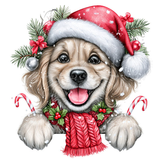 christmas dog, holiday puppy, festive canine, red santa hat, candy canes, holly berries, evergreen branches, ornaments, cream white, red, forest green, silver gray, tan brown, whimsical, cute animals, christmas theme, winter holiday, seasonal, adorable pet, dog lover, children's fabric, cheerful, festive decoration, happy expression, cozy christmas, decorative panel, wall hanging