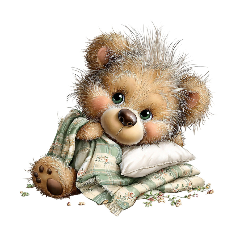 adorable bear, animal themed, baby nursery, bedding fabric, brown, cream, cute character, floral accents, green plaid, green and cream, gentle, quilted bedding, soft colors, storybook, stuffed animal, teddy bear, whimsical, children's fabric, cozy, sweet, innocent, gentle colors, sage green, vintage plaid, bundled bear, nursery decor, baby shower, playful, tender, charming animals