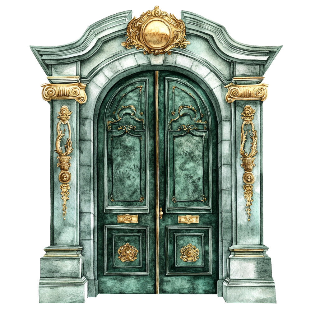 verdigris, patina green, gold accents, architectural, neoclassical, classical, ornate, elegant, vintage, antique, door design, columns, scrollwork, acanthus leaves, ornamental, traditional, decorative, formal, luxurious, baroque, embellished, detailed, statement panel, home decor, upholstery, wall hanging, bronze metallic, copper tones, aged green, classical architecture