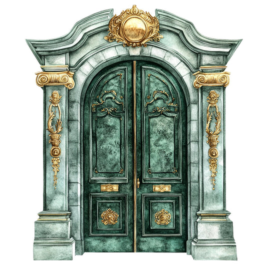 verdigris, patina green, gold accents, architectural, neoclassical, classical, ornate, elegant, vintage, antique, door design, columns, scrollwork, acanthus leaves, ornamental, traditional, decorative, formal, luxurious, baroque, embellished, detailed, statement panel, home decor, upholstery, wall hanging, bronze metallic, copper tones, aged green, classical architecture