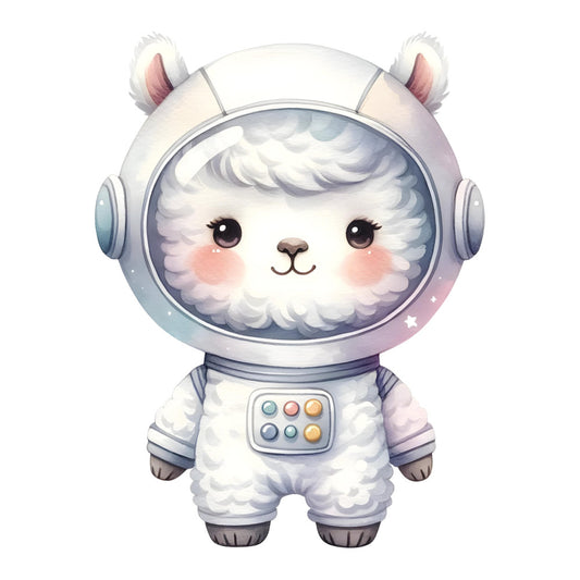 cute animal, alpaca, llama, astronaut, space explorer, white fluffy, soft pastel, lavender, blush pink, pale blue, gentle colors, whimsical, kawaii, children's, baby quilt, nursery, cosmic, stars, headphones, cozy, playful, illustration style, character panel, celestial theme, space theme, adorable, sweet, modern cute, fantasy adventure
