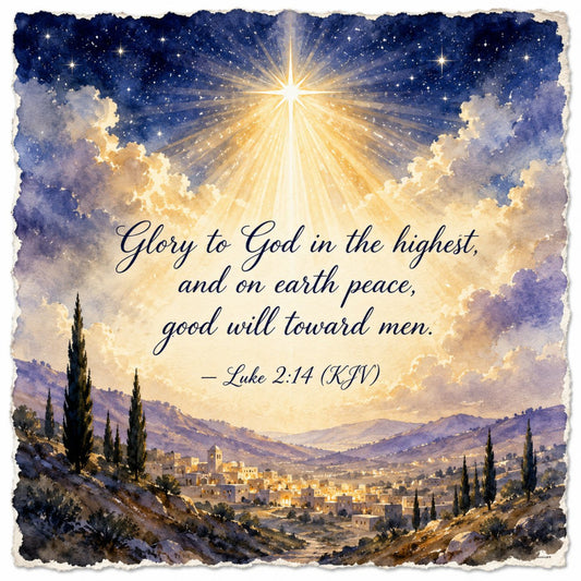 navy blue, gold, cream, celestial, stars, religious, spiritual, nativity, heavenly, landscape, mountains, cypress trees, village, peaceful, tranquil, elegant, traditional, inspirational, scripture, christian, luke 2:14, glory to god, peace on earth, nativity scene, holiday, christmas, angel, divine light, radiant, contemplative