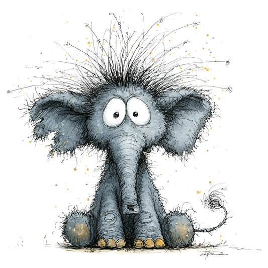 whimsical elephant, gray, slate blue, charcoal, golden yellow, orange accents, animal, cute, playful, children's, kids, cartoon, expressive eyes, hair standing on end, illustration style, modern, contemporary, nursery, baby, toddler, wall art, decorative, fun, quirky, pen and ink, watercolor effect, splatter design, personality