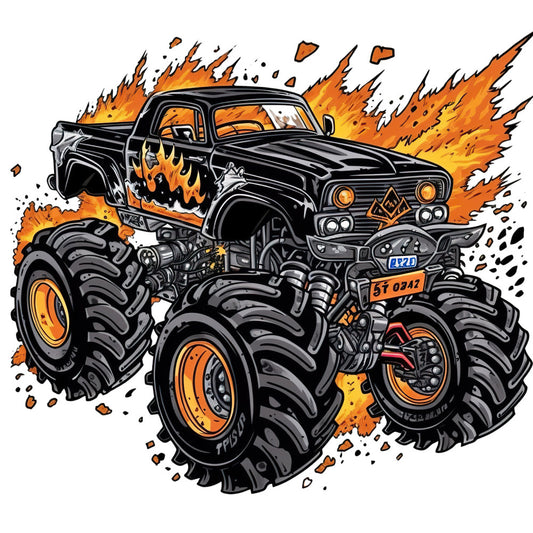 Monster Truck Crushes Fabric Panel 11 featuring a black monster truck with large wheels and fiery flames background design.