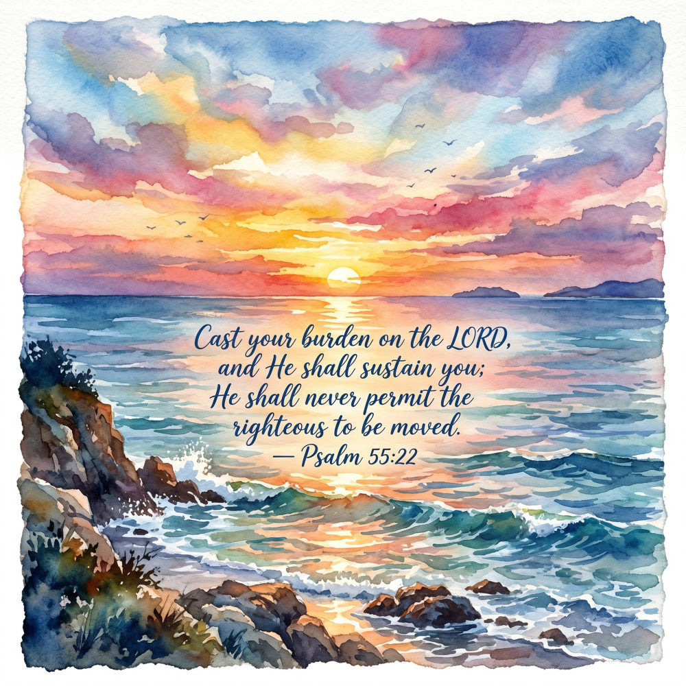 sunset, ocean, coastal, beach, seascape, watercolor, inspirational, scripture, religious, spiritual, faith, psalm, sunrise, sky, clouds, waves, rocky shore, nautical, orange, gold, yellow, coral pink, dusty rose, purple, blue, teal, lavender, scenic, nature, peaceful