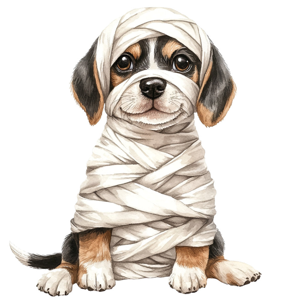 dog, puppy, shih tzu, bandages, mummy, wrapped, cream, tan, brown, black, white, beige, taupe, whimsical, humorous, funny, cute, playful, animal, pet, halloween, spooky, costume, portrait, character, novelty, children's, kids, quirky, charming