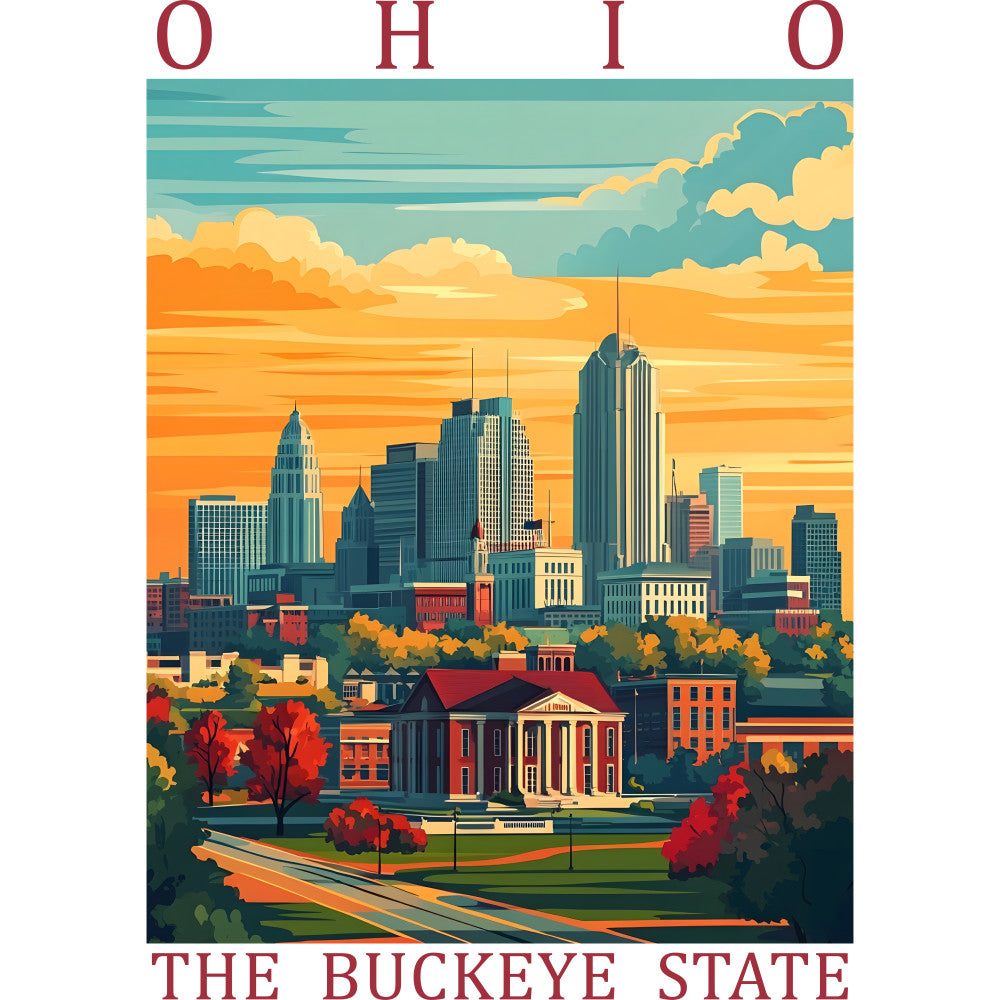 fabric panel, ohio, buckeye state, cityscape, skyline, autumn foliage, vintage poster style, teal sky, orange sunset, red trees, government building, downtown buildings, retro illustration, state pride, quilting cotton, travel theme, architectural scene, fall colors, stylized art, nostalgic design
