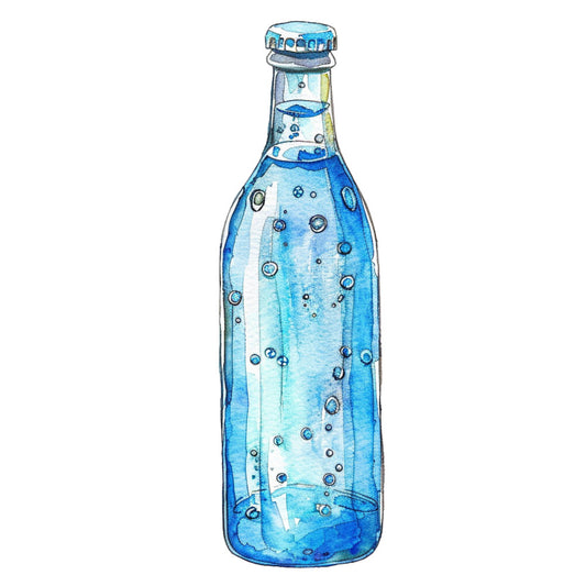 sky blue, navy blue, light blue, aqua, bubbles, carbonated, beverage, bottle, refreshment, summer, modern, whimsical, realistic, illustration, drink, soda, sparkling water, geometric circles, beverage design, kitchen, home decor, contemporary style, cool tones, blue gradient, translucent, fizzy, refreshing theme
