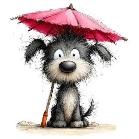 cute dog, black and white dog, pink umbrella, rainy day, whimsical, children's, animal illustration, puppy, charming, sweet, playful, illustration style, artistic, watercolor effect, adorable, kids fabric, novelty print, character print, heart-warming, cheerful, bright pink, soft colors, gentle, storybook, decorative, design element, baby quilt, nursery, wall hanging