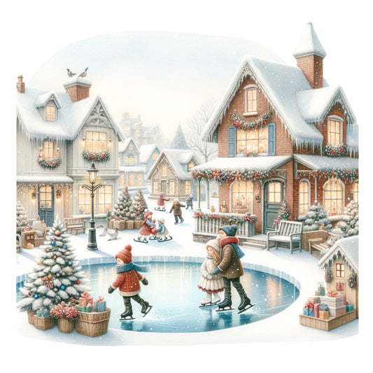 winter village, christmas, snow, holiday, ice skating, festive, traditional, nostalgic, vintage, whimsical, cream, white, brick red, forest green, soft blue, teal, gold accents, cottages, houses, church, winter scene, snowy landscape, people, families, seasonal, december, cozy, charming, storybook, illustration style