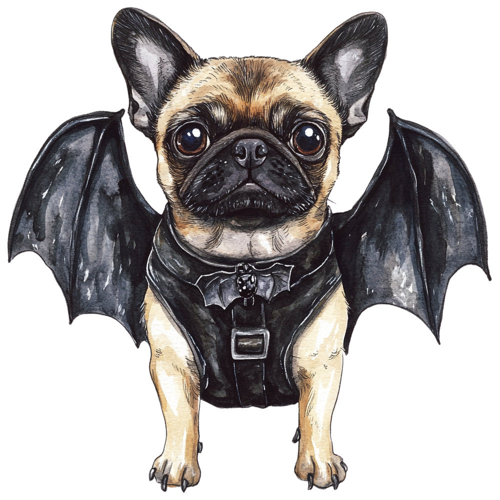 bat wings, black and tan, fawn and black, french bulldog, halloween, bat costume, dog lover, animal, whimsical, cute dog, pet portrait, novelty, costume, bat ears, dark aesthetic, spooky, playful, adorable, puppy, small dog breed, decorative panel, wall hanging, children's, fun, imaginative, fantasy, creature, winged dog, tan and black, monochromatic accents