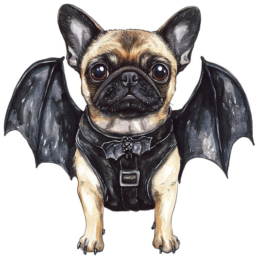 bat wings, black and tan, fawn and black, french bulldog, halloween, bat costume, dog lover, animal, whimsical, cute dog, pet portrait, novelty, costume, bat ears, dark aesthetic, spooky, playful, adorable, puppy, small dog breed, decorative panel, wall hanging, children's, fun, imaginative, fantasy, creature, winged dog, tan and black, monochromatic accents