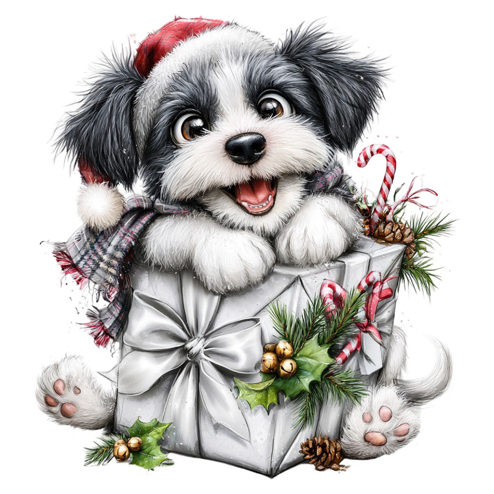 black and white dog, christmas, holiday, puppy, shih tzu, maltese, festive, candy cane, santa hat, plaid scarf, evergreen, pinecone, holly berries, gold accents, white ribbon bow, whimsical, cute animals, seasonal, winter, christmas decoration, pet themed, red and white, metallic gold, cheerful, joyful, children's, baby animal, gift wrapped, festive animals