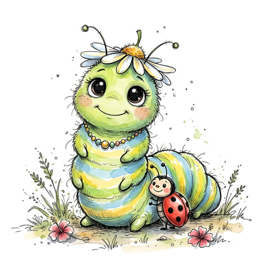 lime green, pale yellow, soft blue, cream, coral pink, whimsical, caterpillar, ladybug, daisy flower, nature, insects, children's, cute, playful, kawaii, spring, summer, baby quilt, nursery, storybook style, garden theme, animal friends, fuzzy texture, charming, illustration, fantasy creature, pastoral, meadow, flowers and insects, friendship