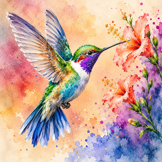 hummingbird, watercolor, floral, nature, bird, spring, summer, whimsical, botanical, colorful, vibrant, abstract, artistic, modern, elegant, purple throat, green plumage, coral pink, magenta, blue, yellow, orange, carnation flowers, delicate, contemporary, animal lover, garden themed, artistic painting style, splatter effect, bohemian